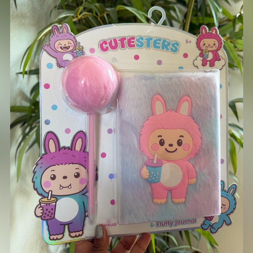 Cutesters Monster Fluffy Journal with Pink Pom Pom Pen